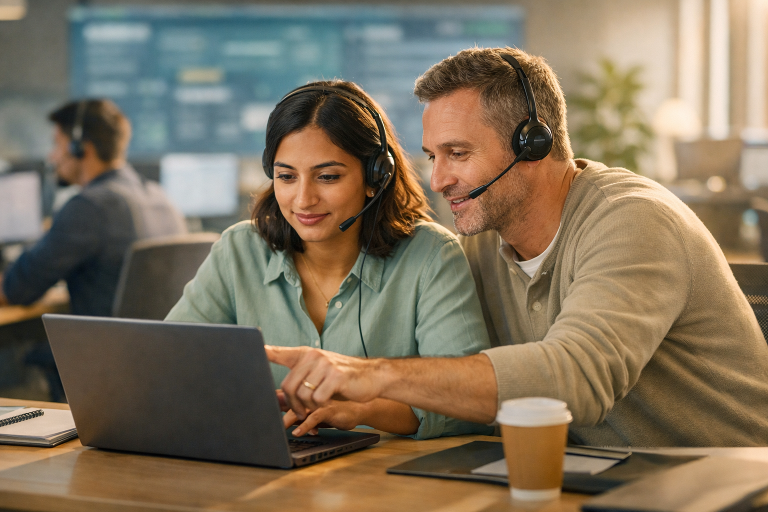 Service-centre colleagues reviewing a complex customer request together at a laptop.
