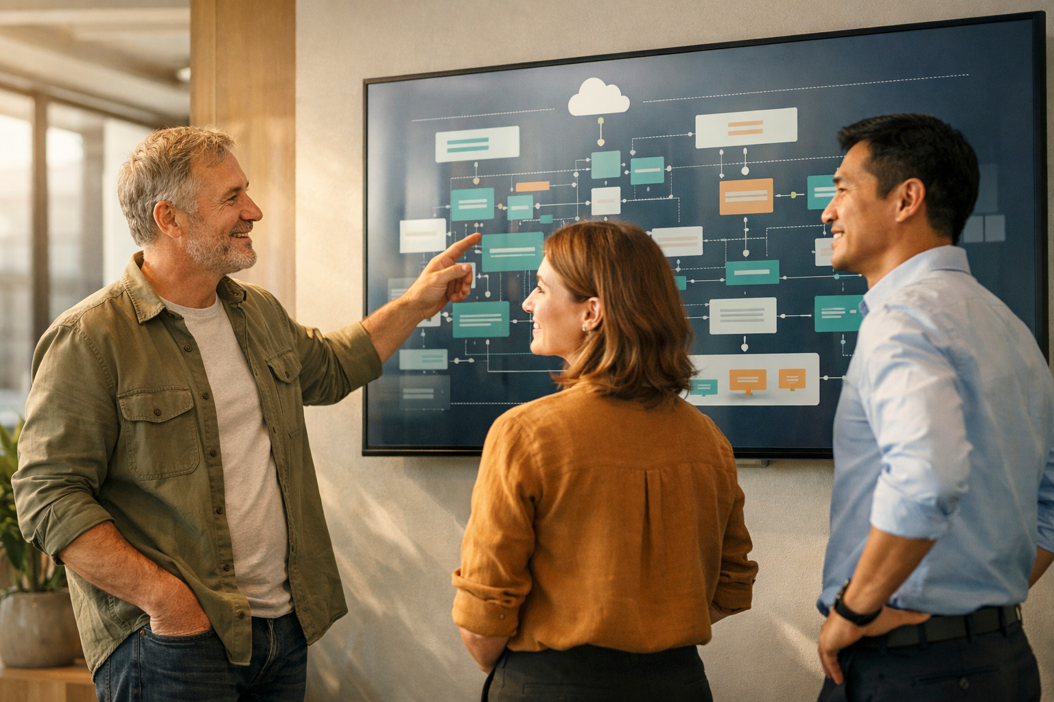 Enterprise architects and product leaders reviewing an execution platform architecture together.